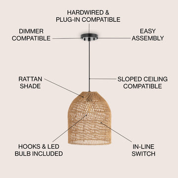 Koda 13" Farmhouse Coastal Bohemian Rattan 180" Cord Plug-In or Hardwired LED Pendant - JONATHAN Y